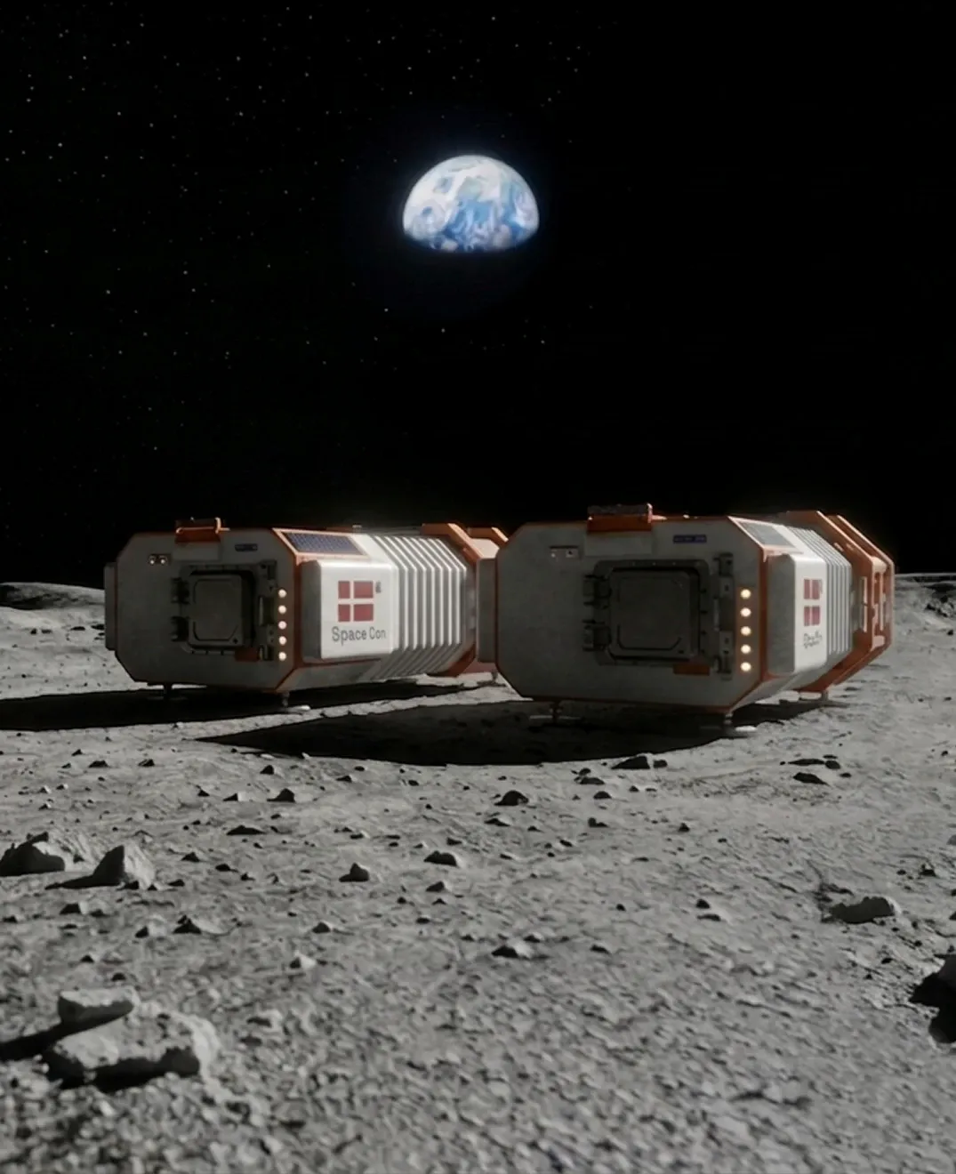 Two connected habitat modules on the lunar surface, with Earth low above the horizon.